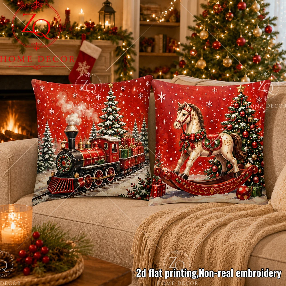 2D Flat Printed Christmas Cushion Cover Soft Peach Skin Train Pillowcase Rocking Horse Throw Pillow Case For Couch Sofa Bed Car