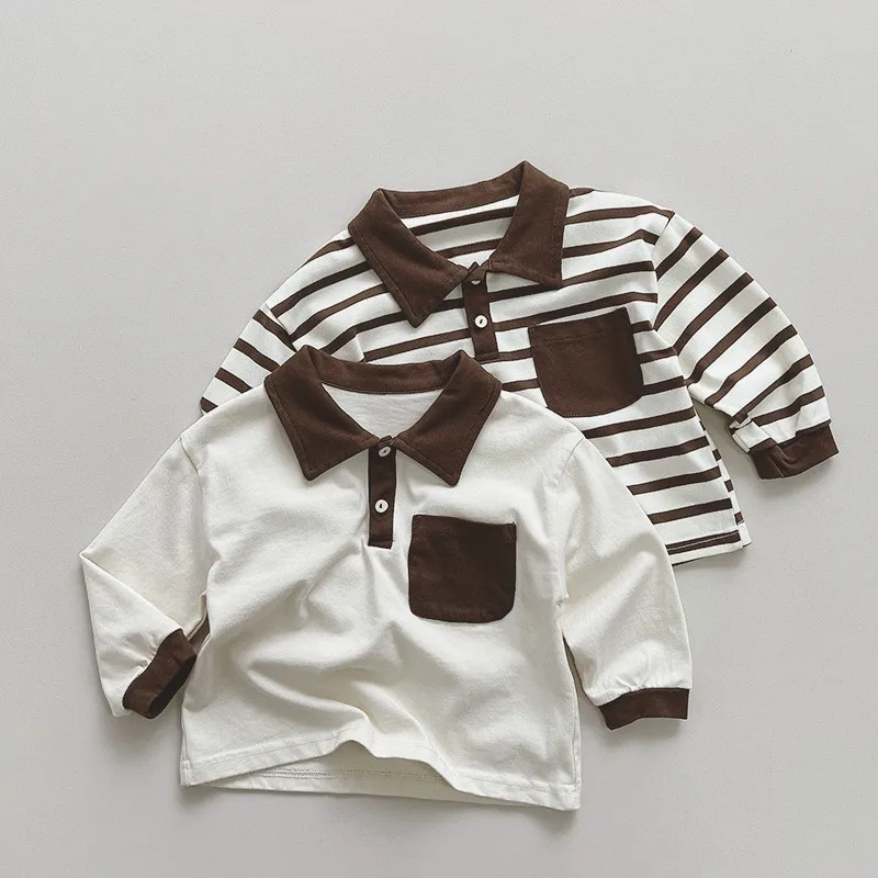 

Children Contrasting Colors Polo Shirts Cotton Baby Boys Girls Casual Versatile T Shirts Autumn New Kids Striped Bottoming Shirt