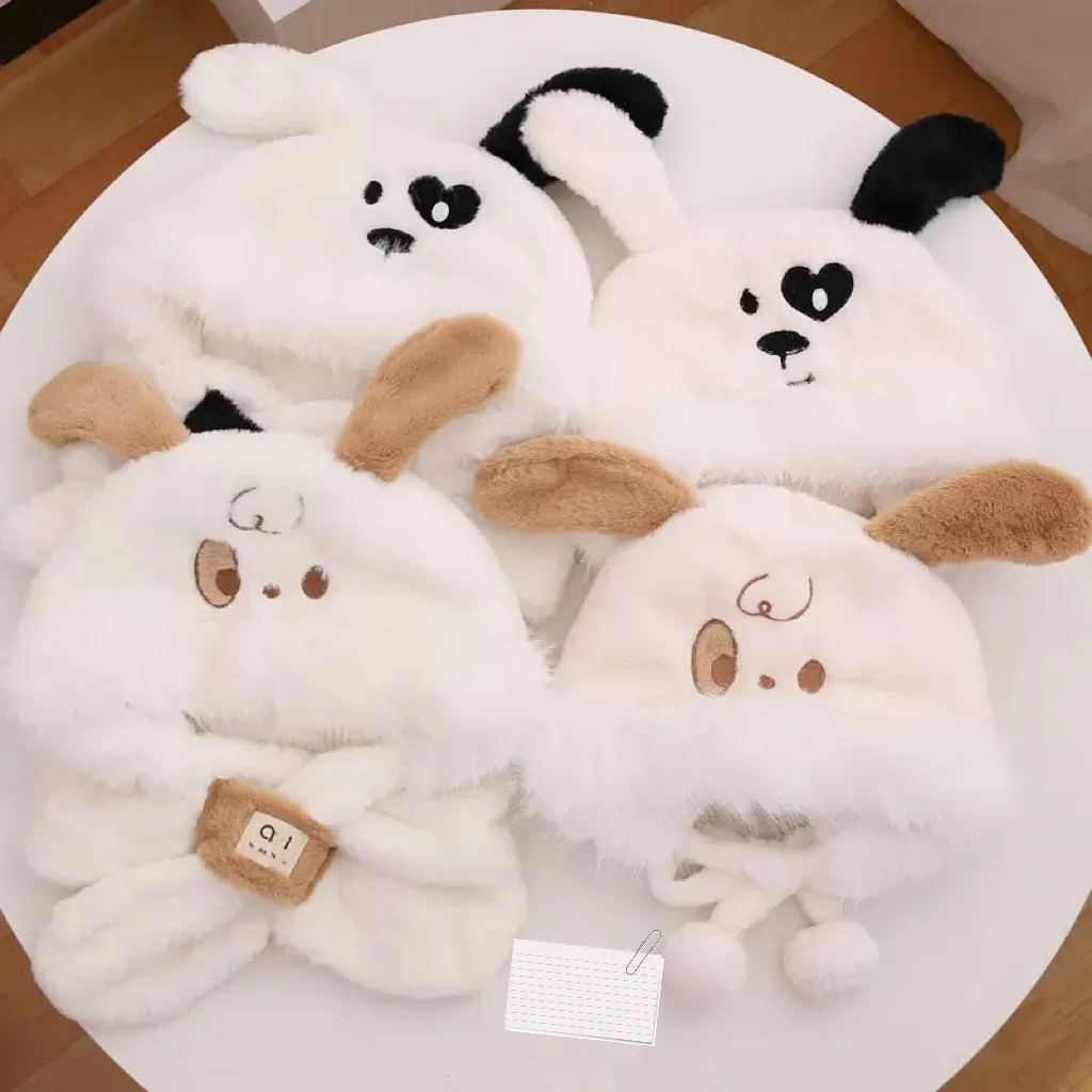 

Plush Kawaii Dog Ear Winter Hat Japanese Trapper Style Full Face Coverage Warm Windproof For Women Cute Street Fashion Gift