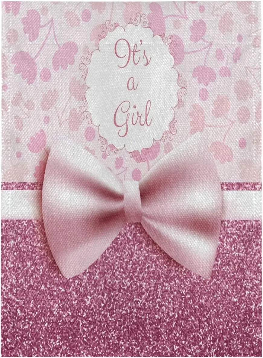 It is A Girl Pink Baby Shower Garden Flag, 12 x 18 Inch Decor Yard Banner with Imitation Burlap Effect