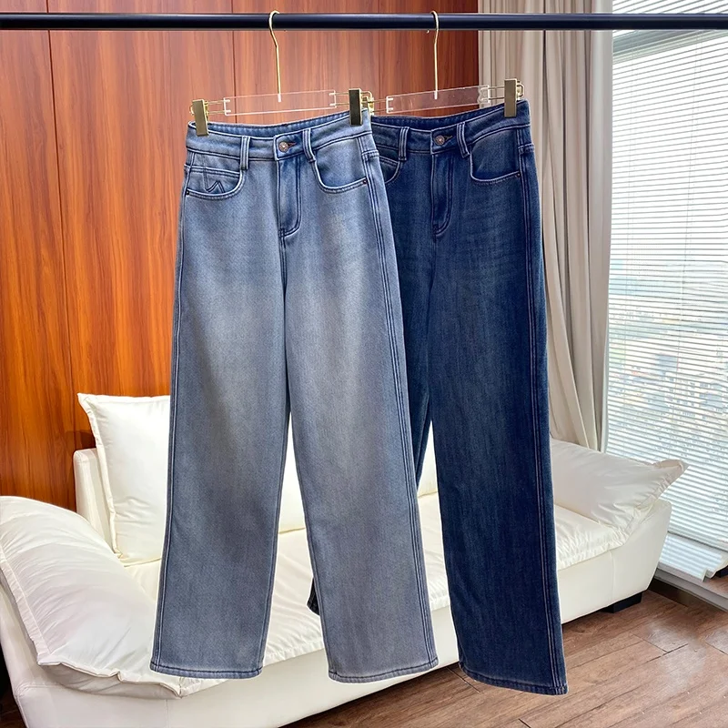 

Утепленные зимние джинсы Thiened Fce с широкими штанинами и прямым кроем, с высокой талией, длинные брюки с эффектом похудения для женщин