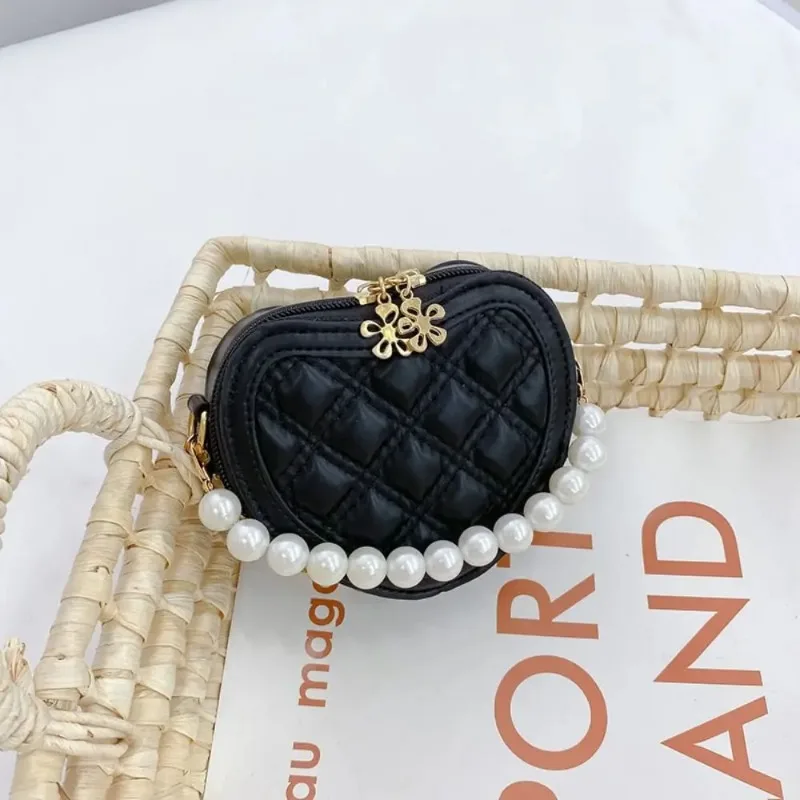 Mini bolso de hombro con asa de perla para niñas, Cartera de princesa, monedero, bolsos cruzados en forma de corazón para niños