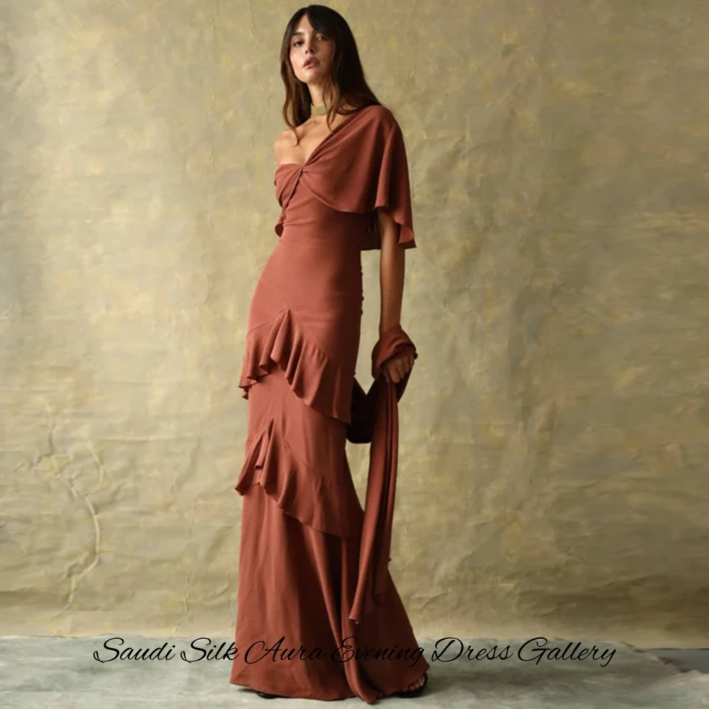 Customized  High Quality Russet Jersey Evening Dress Mermaid One Shoulder Party Dress Ribbons Celebrity Gowns High Qual