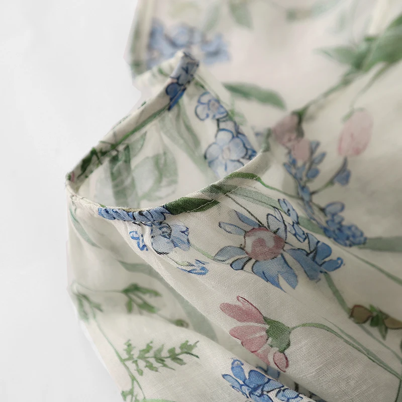 로맨틱 프린트 리넨 셔츠 여성 초가을 하이 엔드 디자인 감각 작은 v 넥 태양 보호 리넨 긴 소매 탑