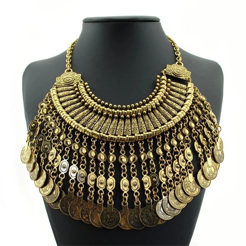 Indian Ethnic Vintage Coins Tassel Statement Necklace Women Jewelry Sets Boho Retro Metal Large Collar Choker Necklace Earrings