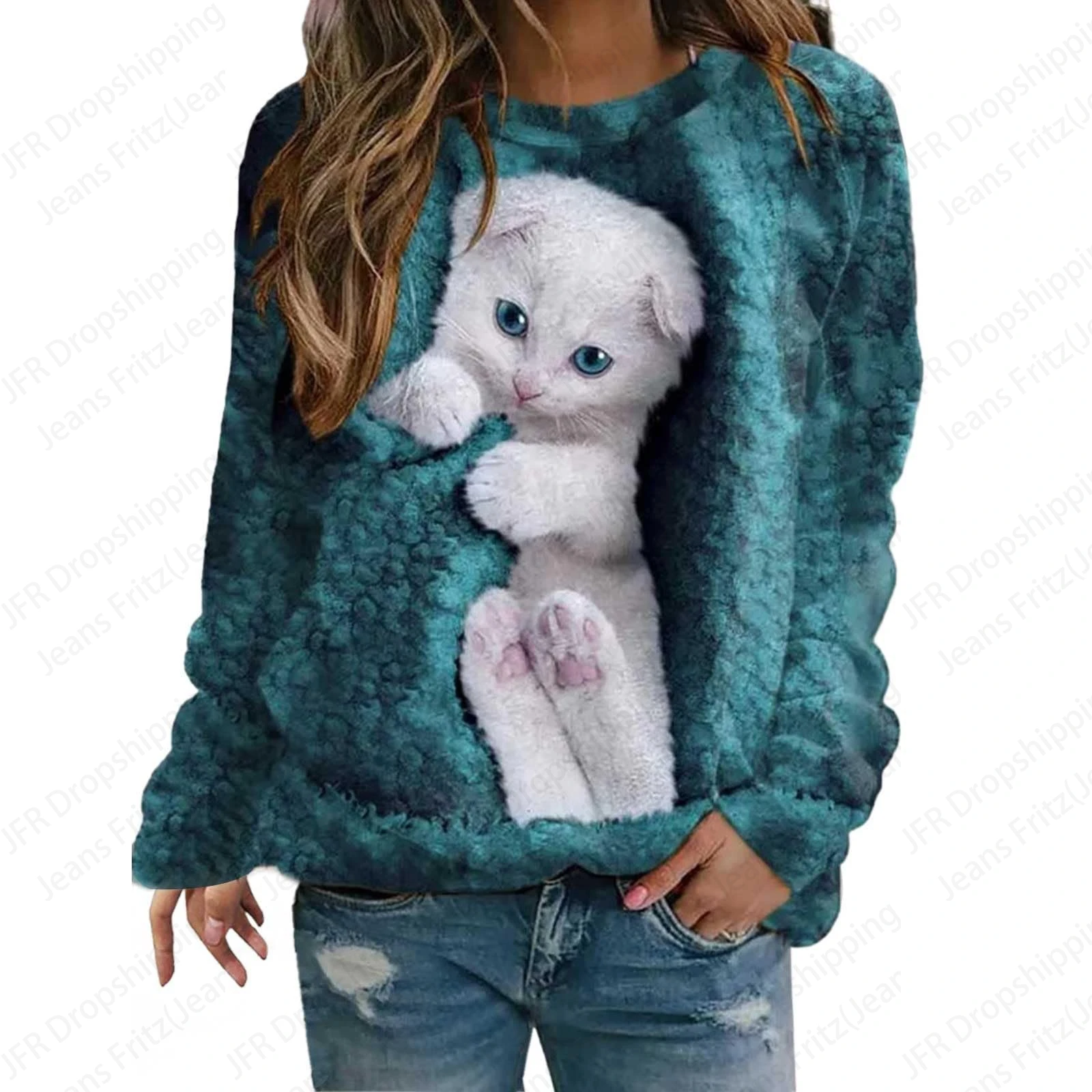 Cute Cat 3d Print Hoodies Women Fashion Sweatshirt O-Neck Hoodie Casual Kawaii Hoodies Sweatshirts Pullovers Odzież damska