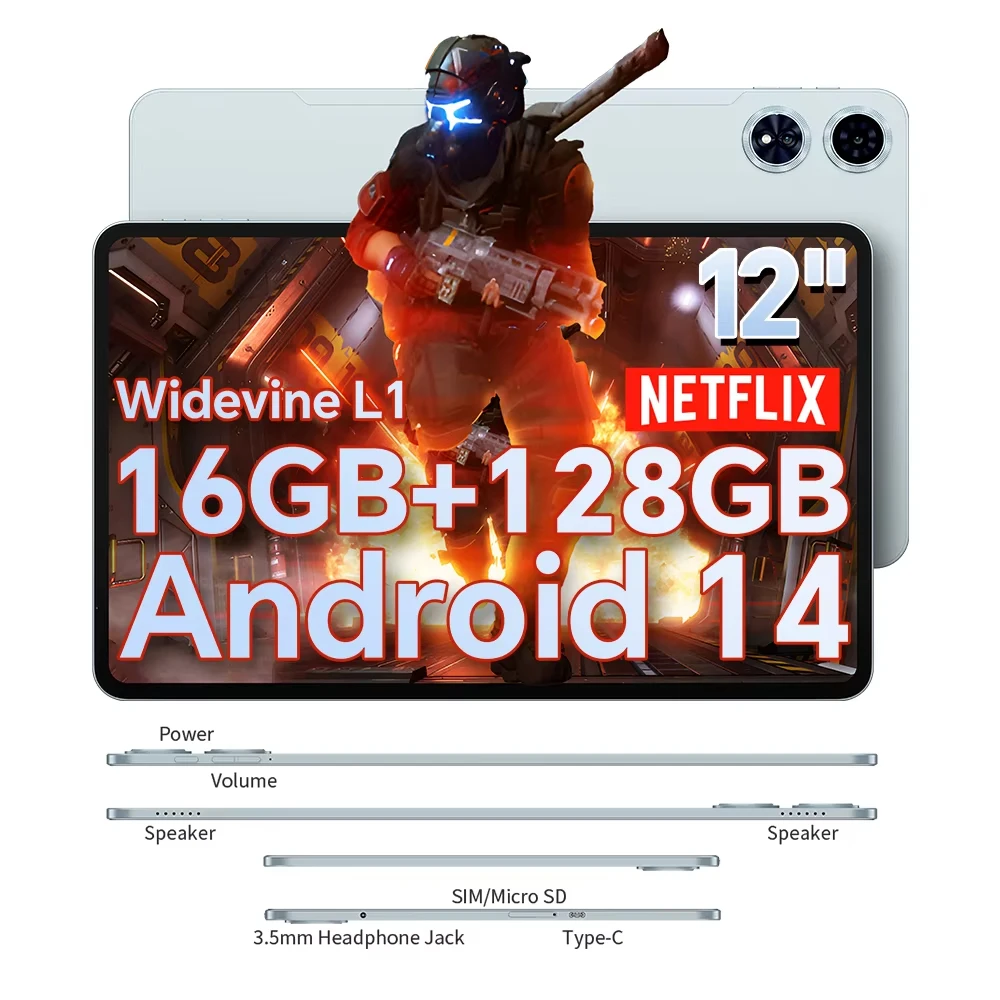 Teclast T60 Plus Tablet 12 polegadas 2000*1200/Android 14/6GB RAM/128GB ROM/MTK Hrilo G88 8 Core/8000mAh/WiFi 2.4G + 5G/13MP + 8MP Câmera