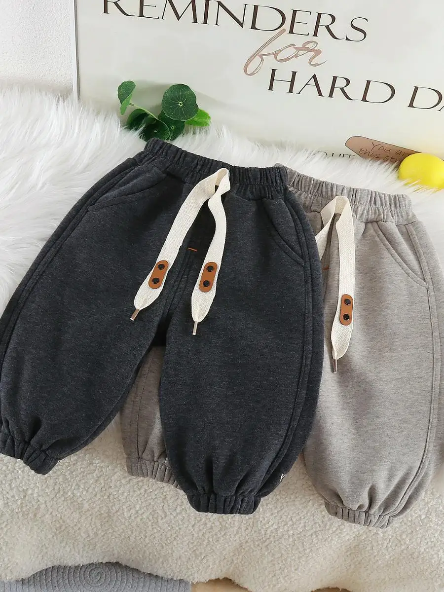 New 2025 Children's Casual Fce Lined Loose Fit Pants ex Pure Color Spor Autumn Winter Kids Trousers without Brand