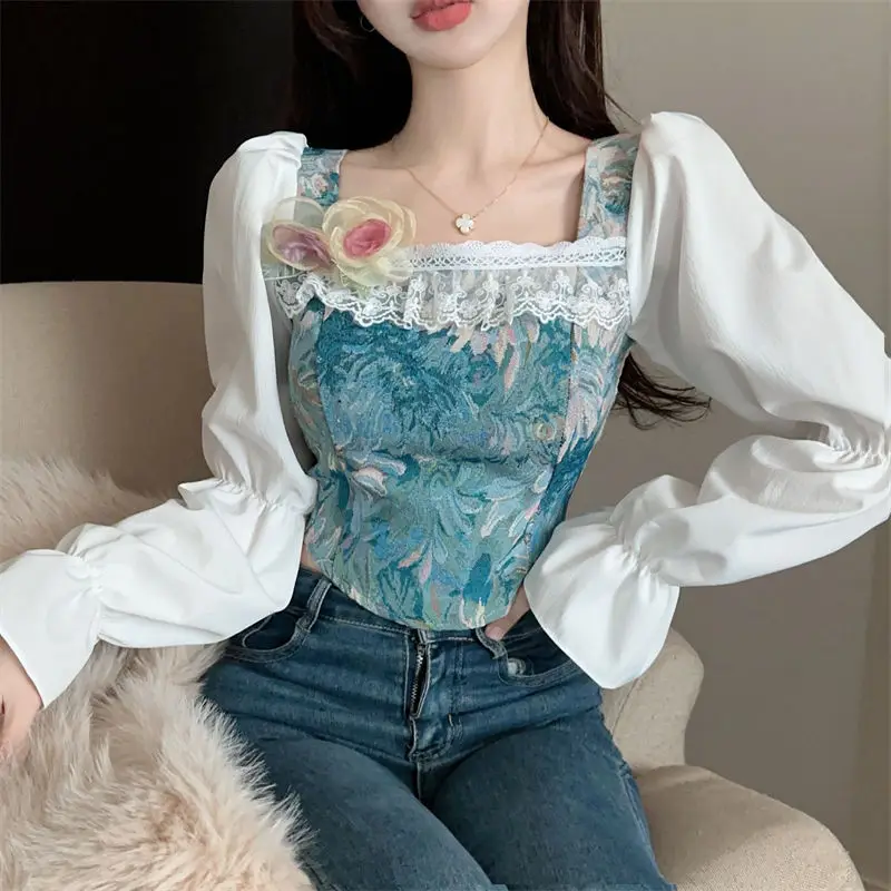 

Korea Elegant Lantern Bubble Shirts for Women, Long Sleeve, Square Collar, Jacquard Lace Bottoming Shirt