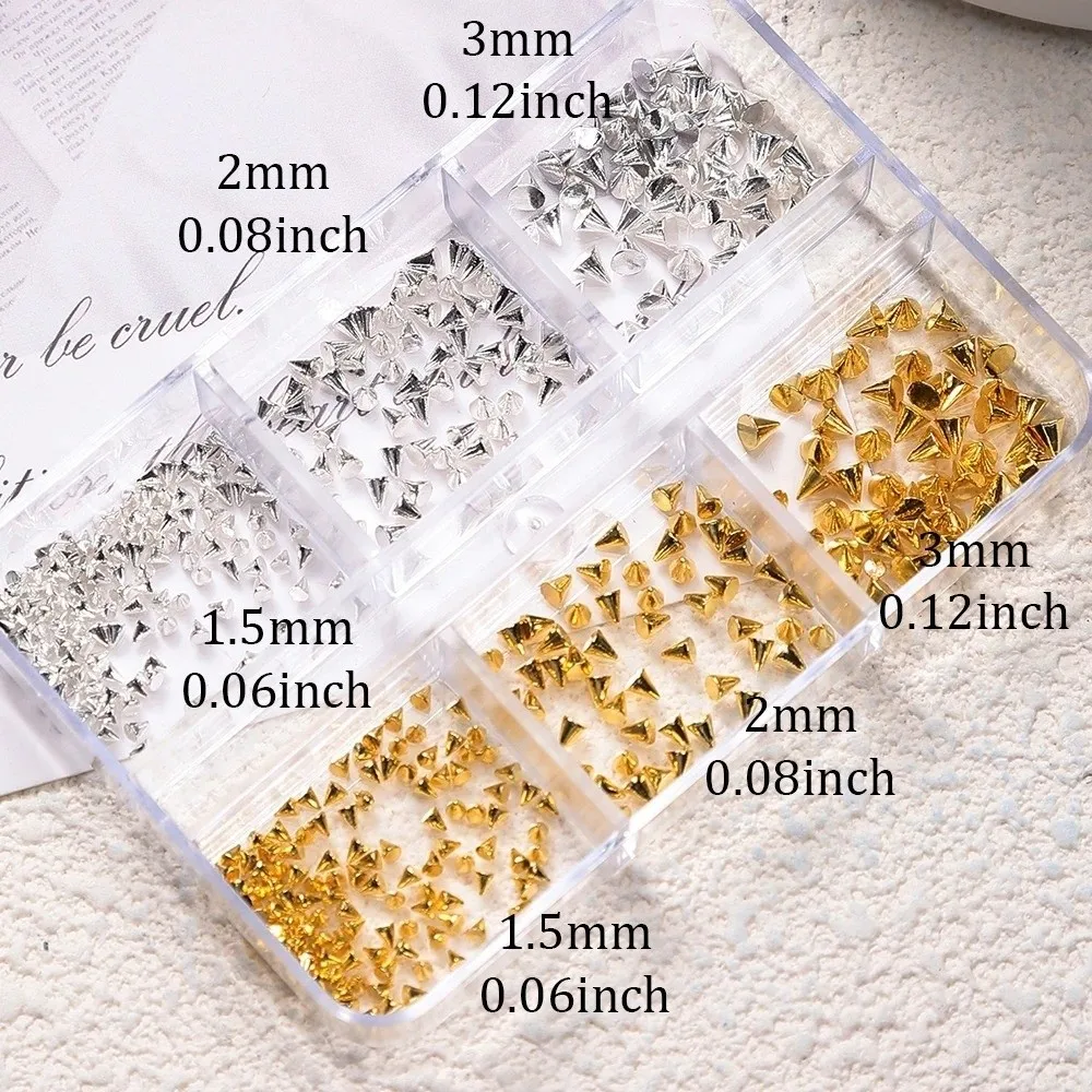 6 Grids Multi-Size Nail Art Studs Black And Silver Tone 3D Metallic Finish Metal Nail Charms Mixed Alloy Material