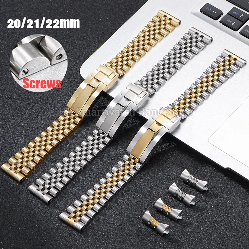 

Curved End Metal Watch Strap 20mm 21mm 22mm for Rolex for Jubilee Stainless Steel Screws Wrist Band Folidng Buckle Men Bracelet