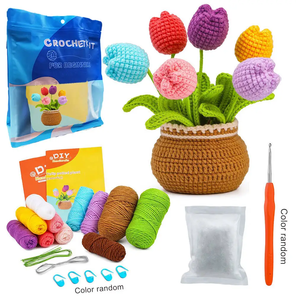 Flower Crochet Kit For Beginners With Instruction Knitting Yarn Thread Hook Needles Crochet Kit For Craft Lovers