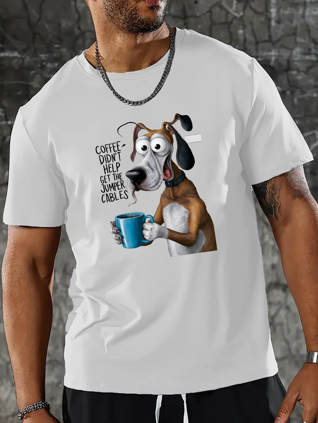 Cartoon Hound Dog Coffee Cup Print Men Short Sleeve Tshirt Humor Text O Neck Tee Funny Pet Fan Casual Male Street Fashion Tops