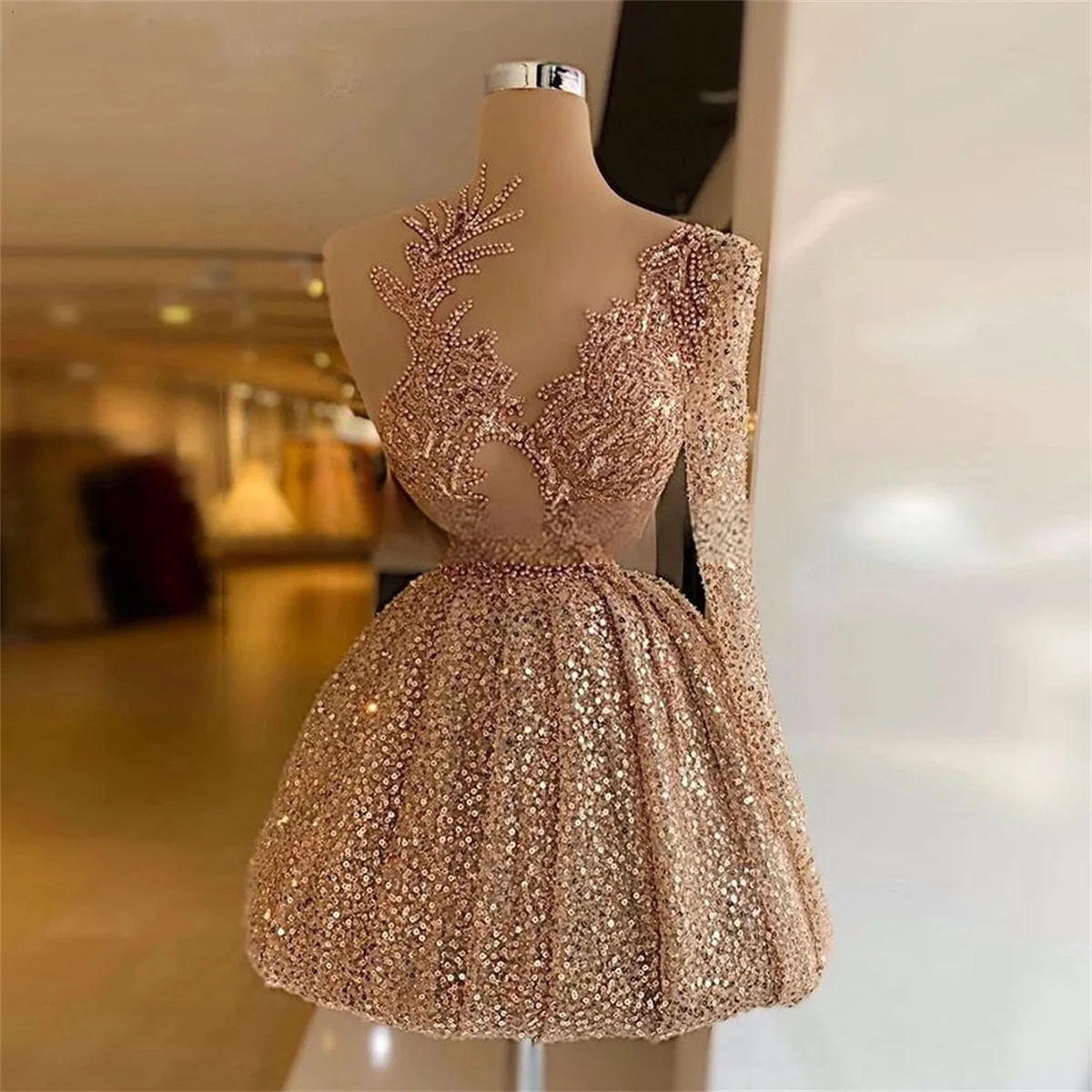 Vestido de cóctel brillante para mujer, minivestido de fiesta con cuentas y cuello en V, plisado, un hombro, manga larga, línea A, Sexy, 2022