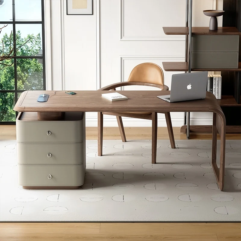 Mid- Style Solid Wood Office Desk Designer Style Minimalist Computer Desk High-end Study Desk Walnut Color Saddle Leather