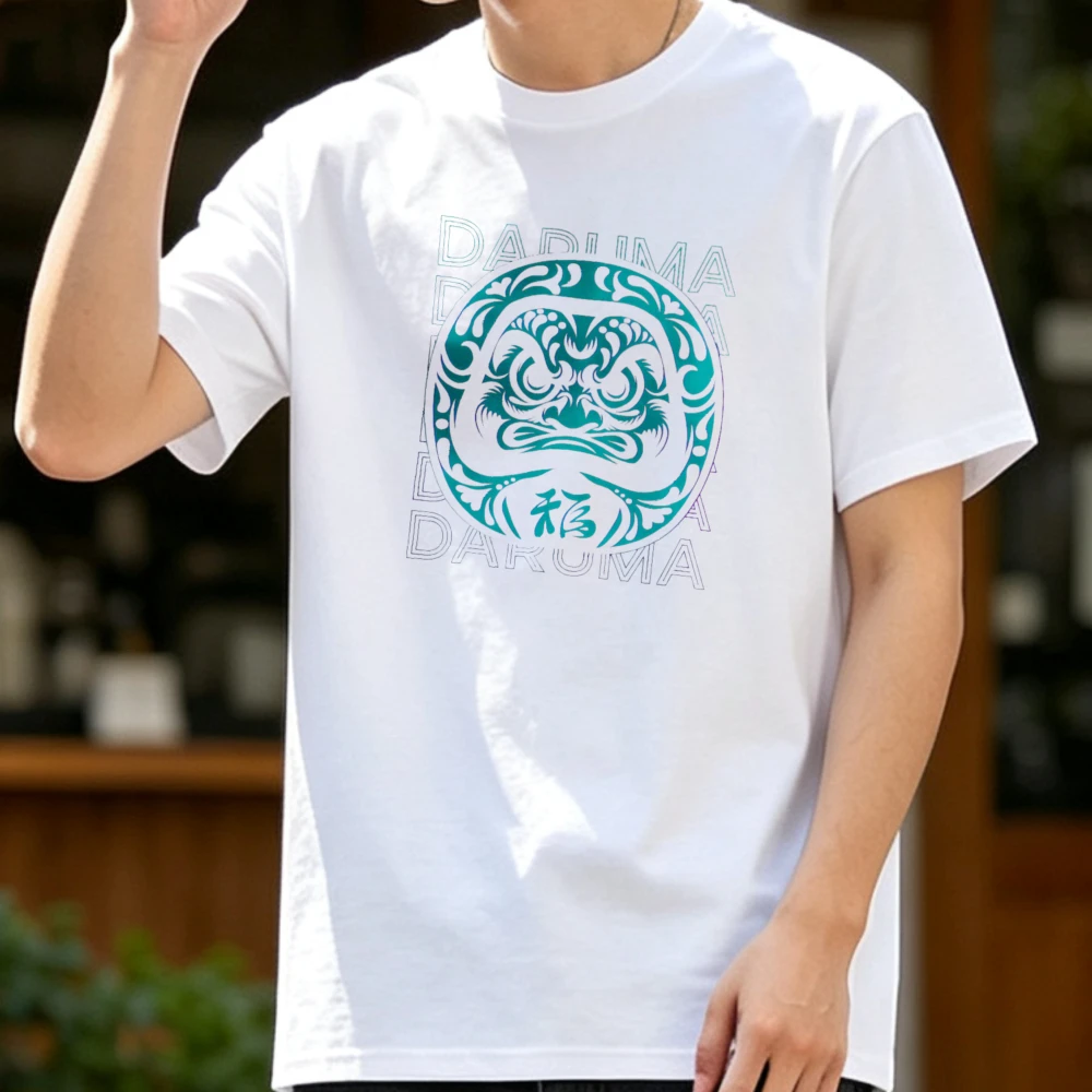 Daruma Doll Graphic Tshirt Oriental Art Print Top ChineseFu Character Retro Pattern Crew Neck Short Sleeve Casual Streetwear Tee