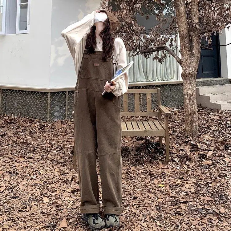 

Cé Brown Denim Overalls Women's Spring Autumn Sle Slimming Vintage ort Size Suiting Pants High Waist Long Legs