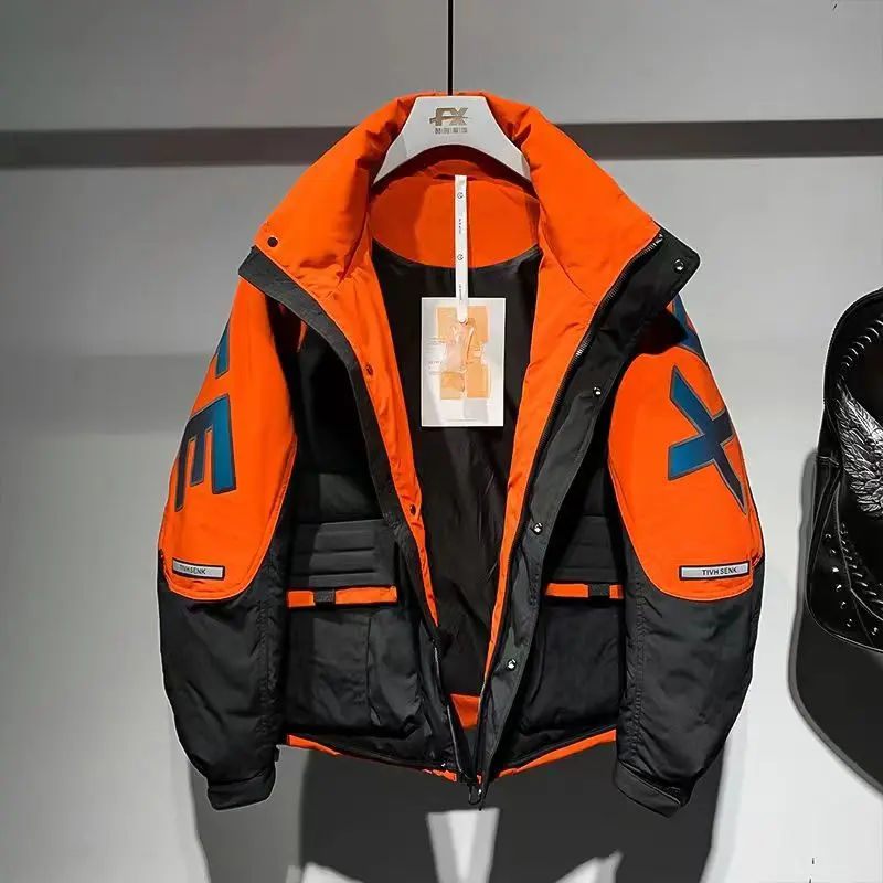 

Fashionable Thickened Cotton Jacket Men's Patchwork Color Block Winter Coat Youth Popularity Warm Travel Ready Zipper Closure