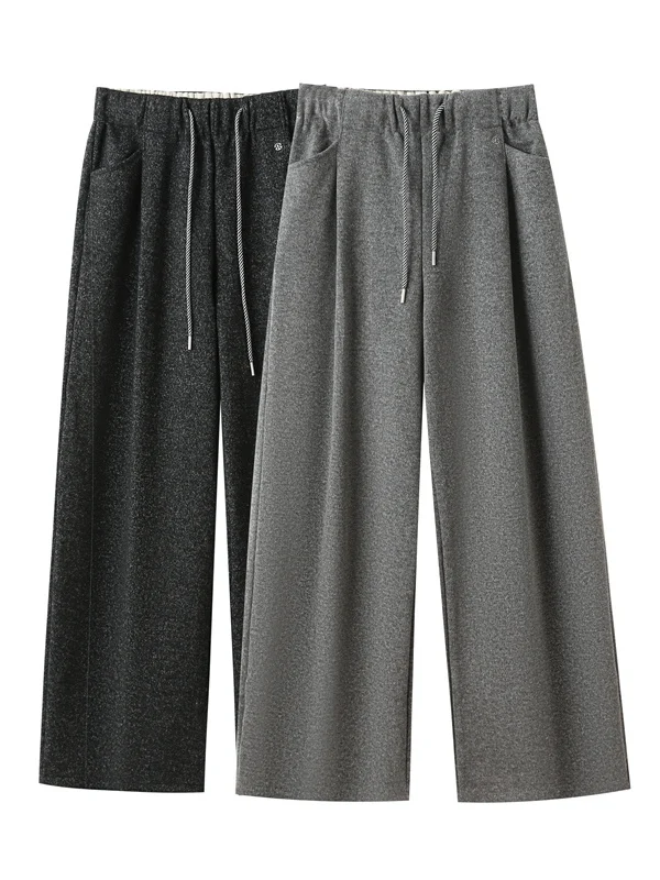 

Thiened Casual Straight Leg Pants Women's Winter Fce Lined High Waist Brued Wool Belted Loose Fit Faionable Trousers