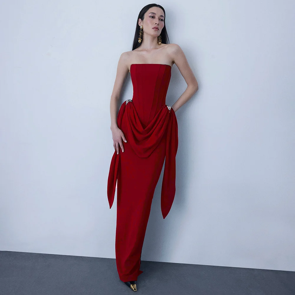 

Evening Gown Strapless Dress Long Skirt Sexy Slim-Fitting Backless Ribbon-Decorated Dress New Style Contains Metal Accessories