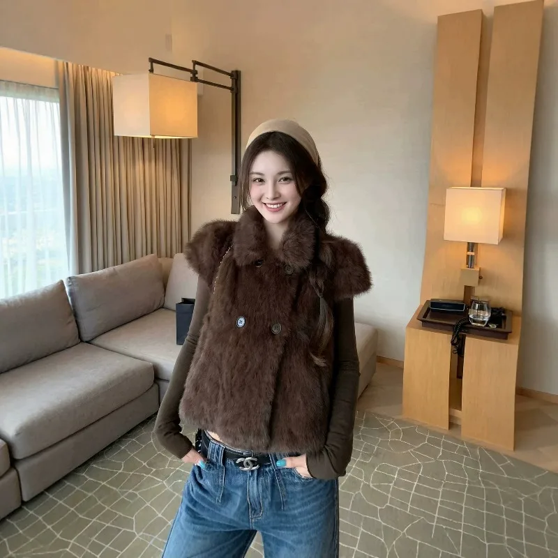 New Autumn Winter All-in-one Eco-friendly Fur Vest Small Cape Fur Coat Short Top Waistcoat Women Simple Warm Women's Clothing