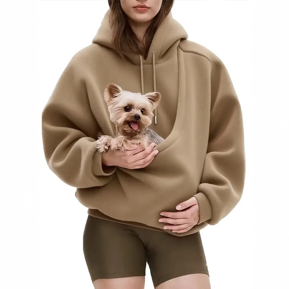 Women Solid Hooded Fleece Oversized Pullover Sweatshirt With Pet Pocket Autumn Winter Casual Top Ladies Cozy - view 4