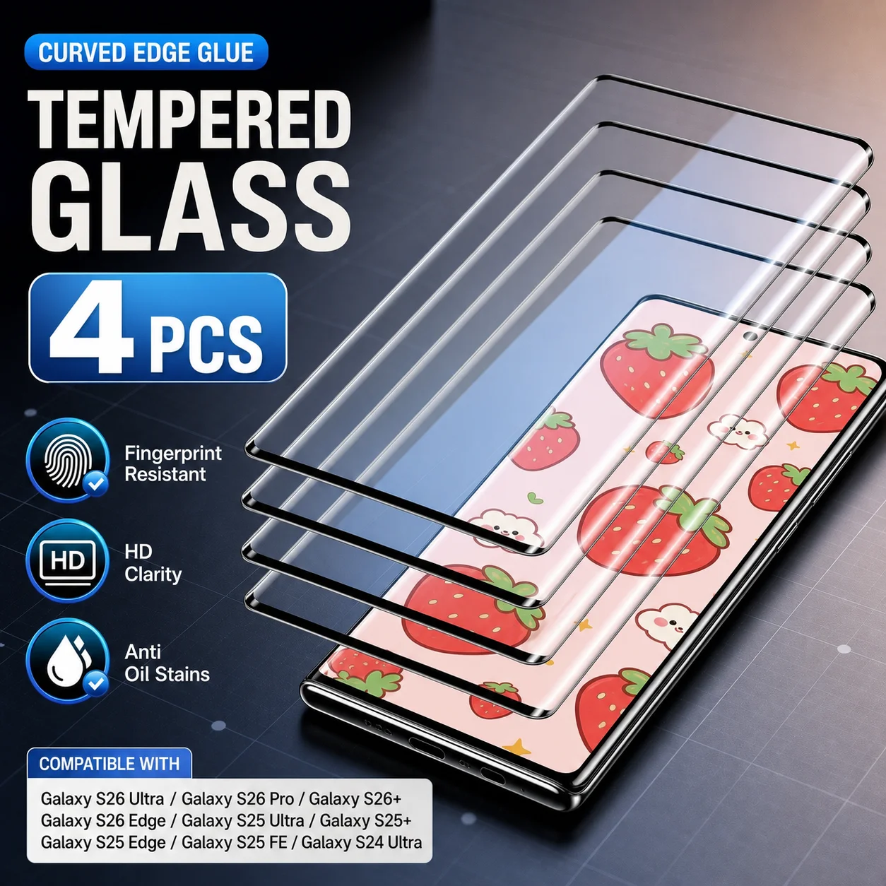 4 Stück Vollflächiger HD-Schutz aus gehärtetem Glas für Samsung Galaxy S26 S23 S25 Ultra S24 S22 S21 S20 Plus S25 S24 FE Gebogen