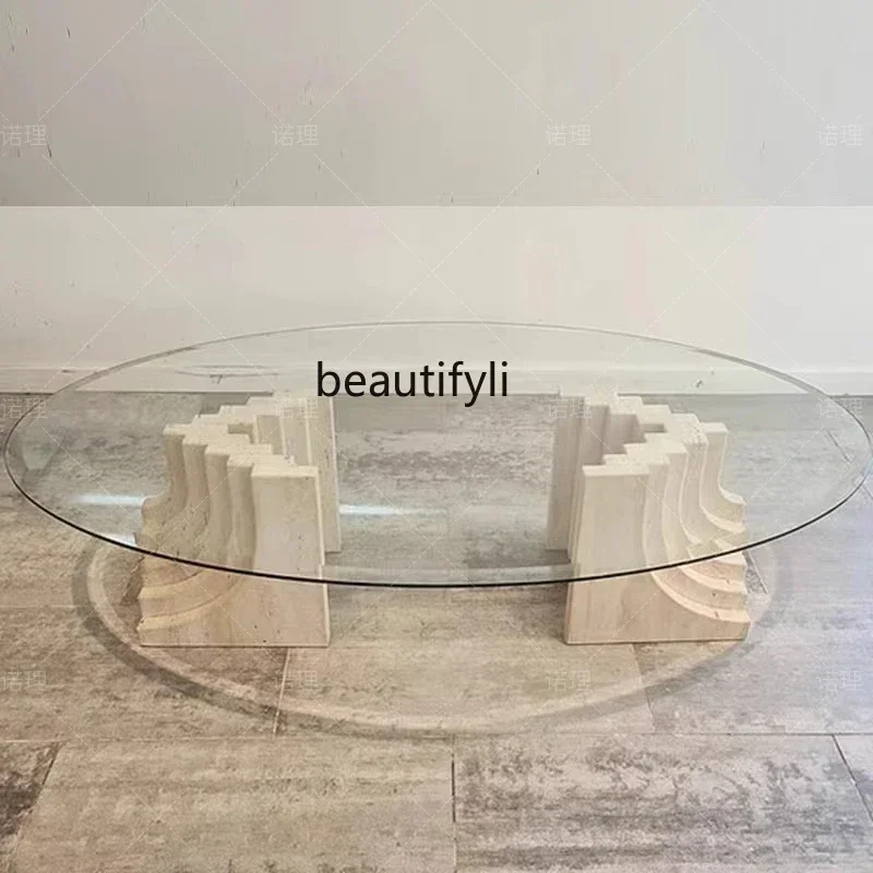 

cqyNordic natural travertine coffee table oval creative tempered glass modern simple living room small apartment home