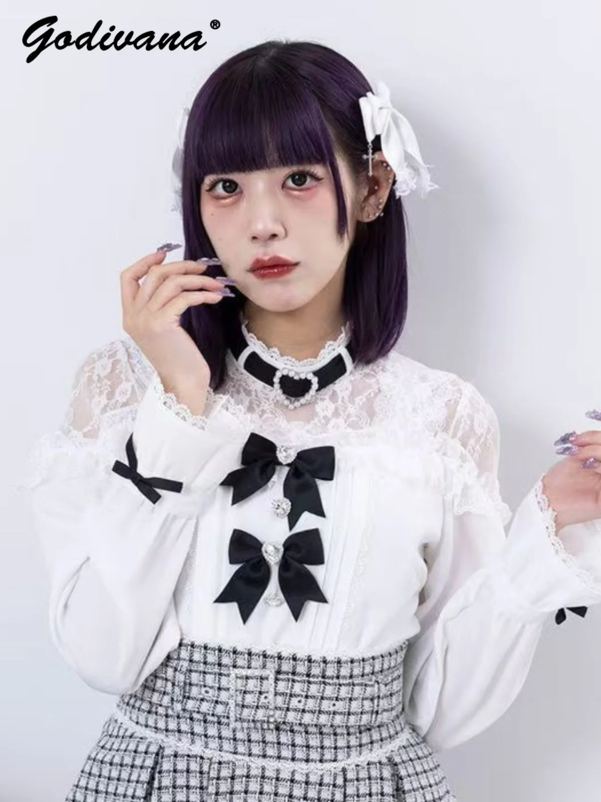 Japanische Mine Serie Massen produktion Lolita Bogen Liebe Spitze Spleißen Langarmhemd neue Frühjahr und Herbst Damen Bluse Tops