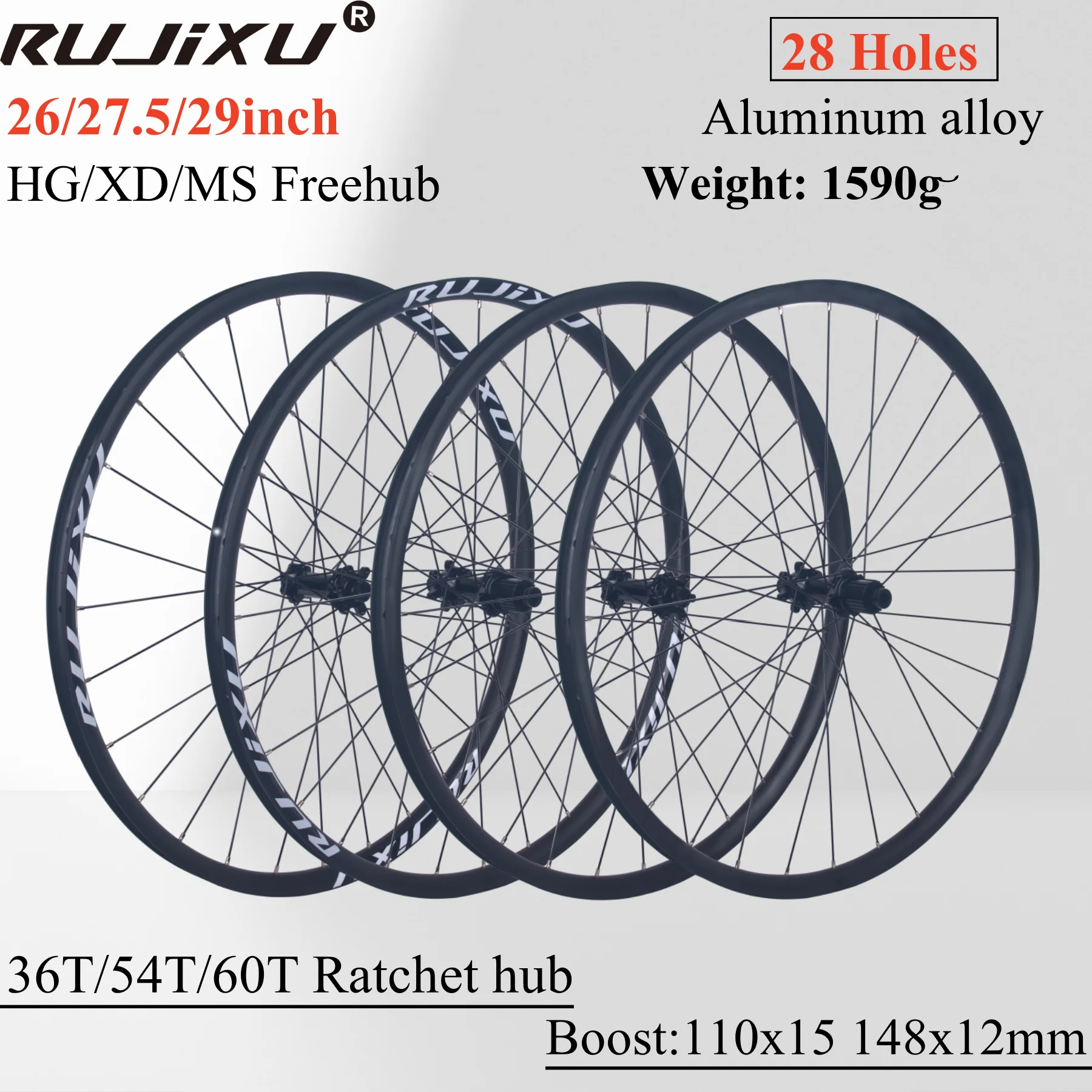 RUJIXU Hochleistungs-Fahrradradsatz 26/27,5/29 Zoll aus Aluminiumlegierung, 28 Stunden, schlauchlos und Drahtreifen-Mountainbike-Räder