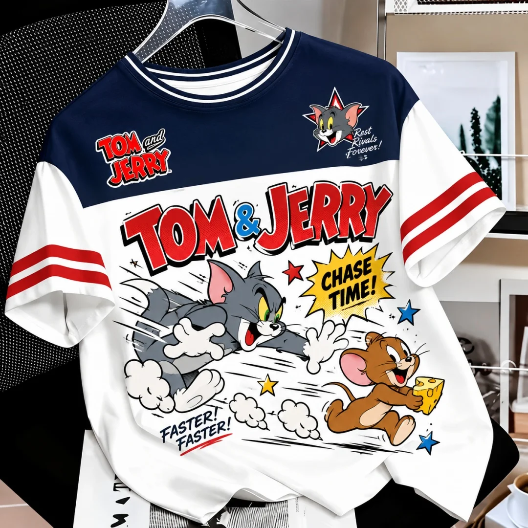 Tom & Jerry Graphic T Shirt Men Women Vintage Cartoon Print Stripe Sleeve Colorblock Short Sleeve Daily Tees Kids Tshirt