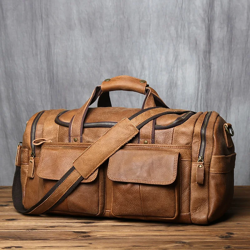 NZPJ Retro Herren Handgepäcktasche Leder Reisetasche Oberschicht Rindsleder Große Kapazität One Shoulder Messenger Bag Lässiger Laptop – Detail 6