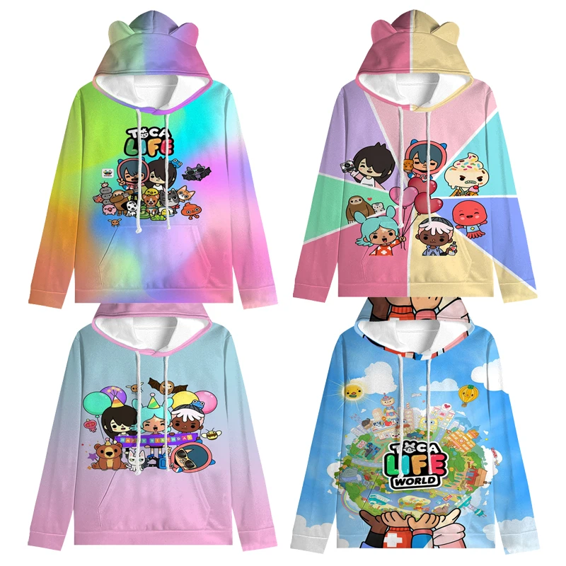 Toca Life World mujeres de manga larga Toca Boca sudaderas con capucha lindo gato oreja bolsillo cordón con capucha Jogger pulóver Tops