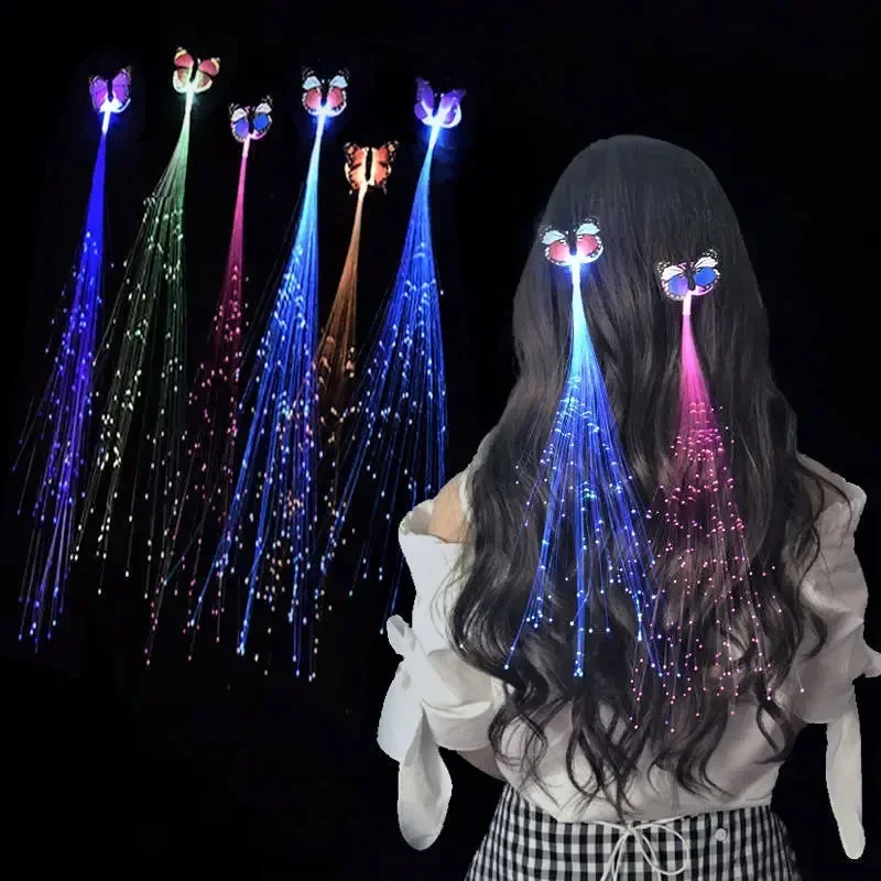 50pcs Butterfly Light Up Fiber Optic Hair Extension Barrette Party Flash Clip Braid Bar Hairpin Wig Christmas Halloween Festival