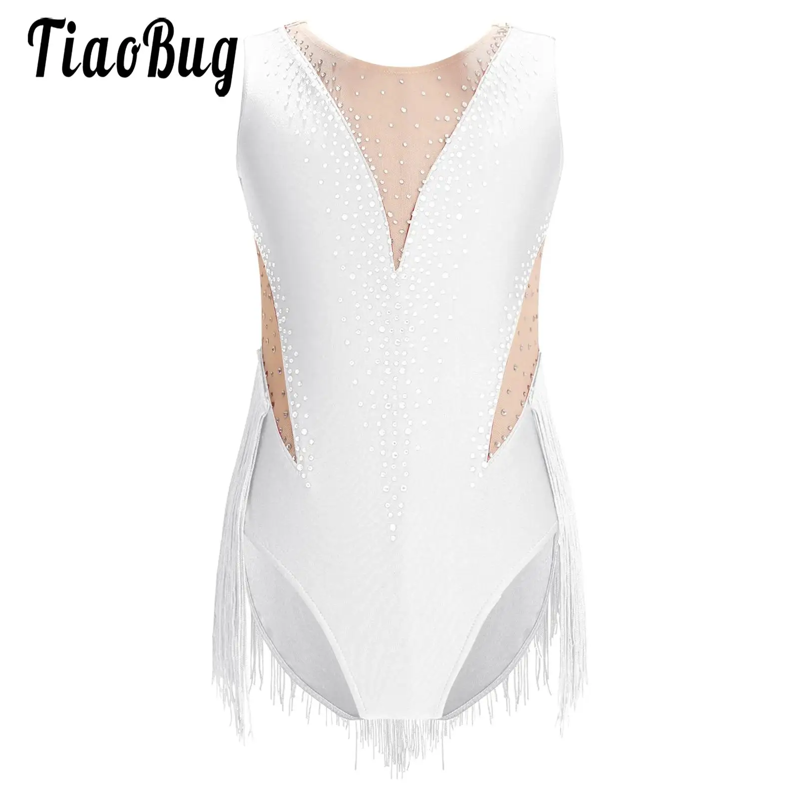 

Kids Rhinestone Figure Skating Costume for Girls Leotard Tassel Fringed Bodysuit Jumpsuit Lain Jazz Dance Performance Clothes