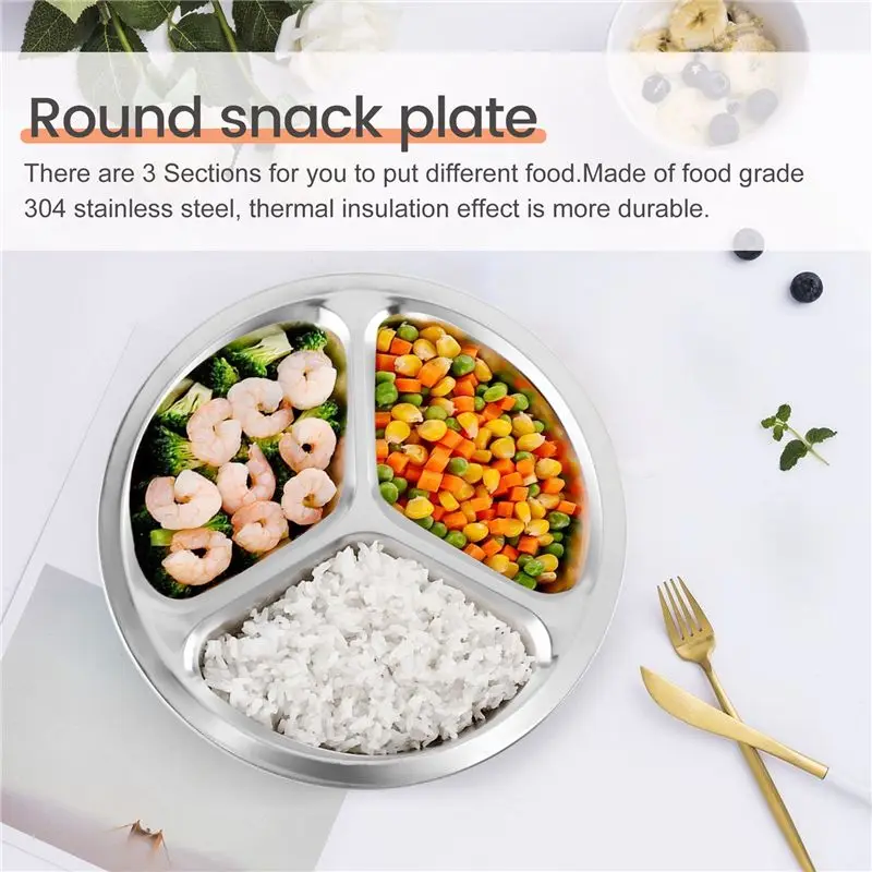 [B17B!】 Stainless Steel 3 Sections Round Divided Dish Snack Dinner Plate Diameter