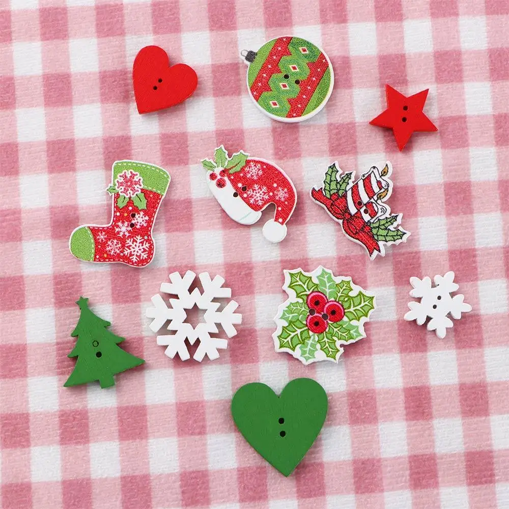 50pcs/pack Mixed Style Cute for Kid's Clothing Wooden Handmade Colored Buttons Sewing Button Craft Buttons Christmas Decoration