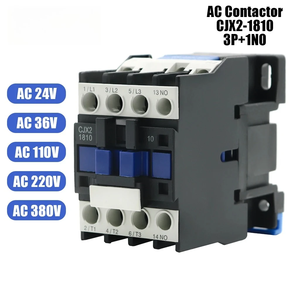 CJX2-1810 LC1 AC Contactor 18A 3 Phase 3-Pole NO Coil Voltage 220V 50/60Hz Din Rail Mounted 3P+1NO Normal Open