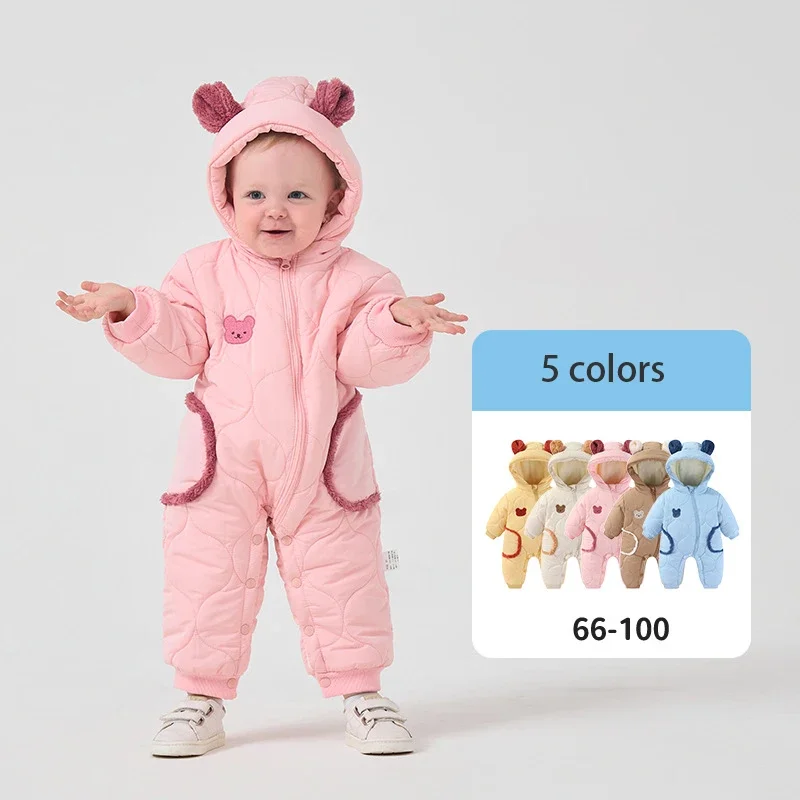 New Winter Baby Clothing Newborn Thick Warm Jumpsuit 0-3Y Boys Fleece Lining Romper Toddler Girls Cute Bear Hooded Outwear