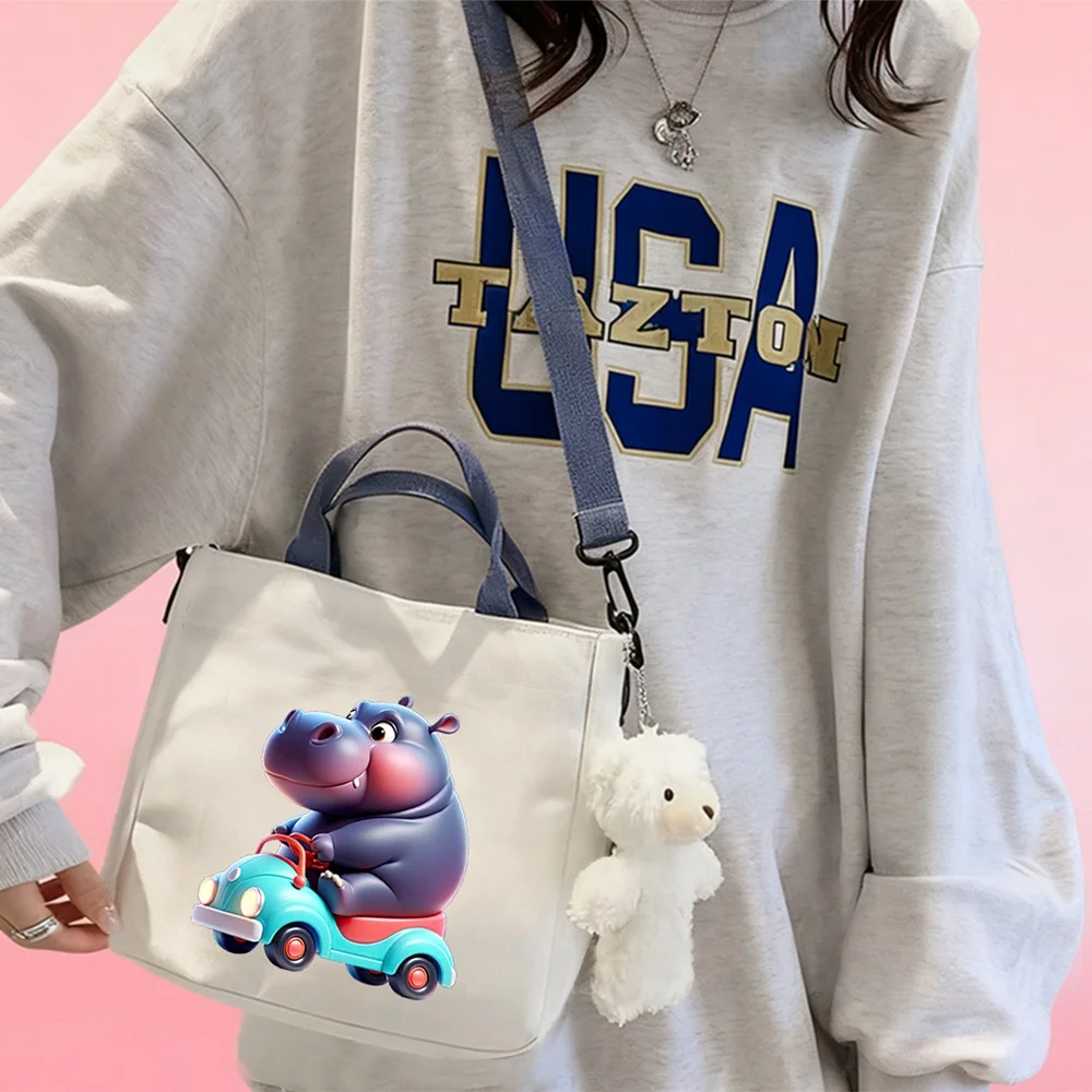 Handbags and crossbody bags featuring a hippo pattern; cosmetic pouches for travel organization.