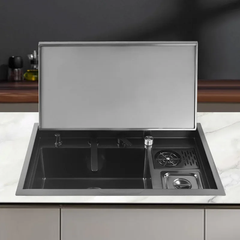 Black Hidden Sink 304 Stainless Steel Handmade Concealed kitchen sink With Intelligent Flip Cover Lifting Faucet