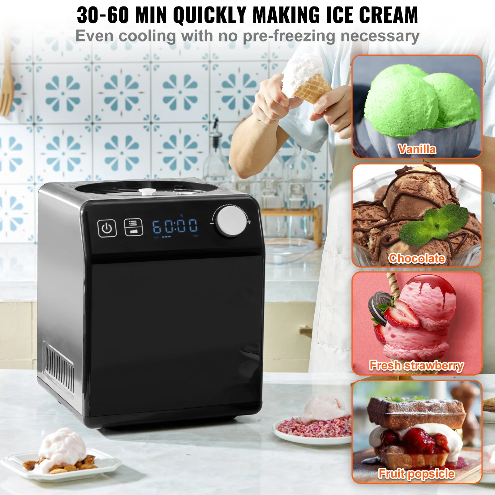 VEVOR Upright Automatic Ice Cream Maker with Built-in Compressor, 2 Quart No Pre-freezing