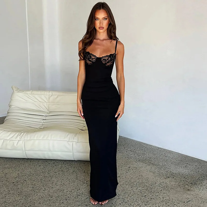 Black Lace Women\'s Prom Dress Strap Sleeveless Summer Long Party Gown Beach Holiday Skirt Daily Casual Slim Fit Robes