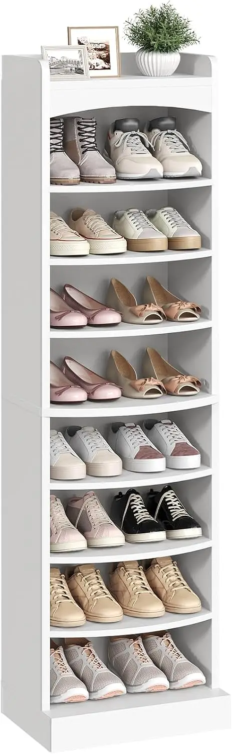 Tall 9-Tier Wooden Shoe Rack Organizer, Narrow Shoe Cabinet with Removable Shelves for Small Spaces, Holds 18 Pairs, White Shoe Storage for Entryway and Hallway