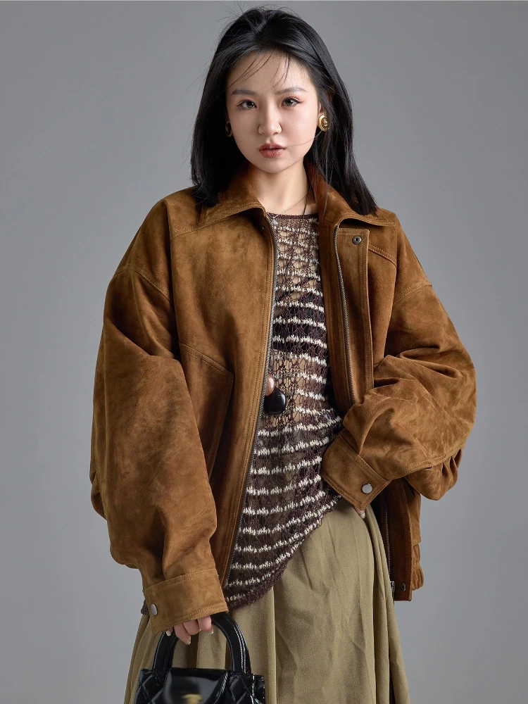 빈티지 정품 가죽 여성용 오토바이 재킷 2025 가을 겨울 신상 고급 심플 루즈핏 양가죽 스웨이드 코트