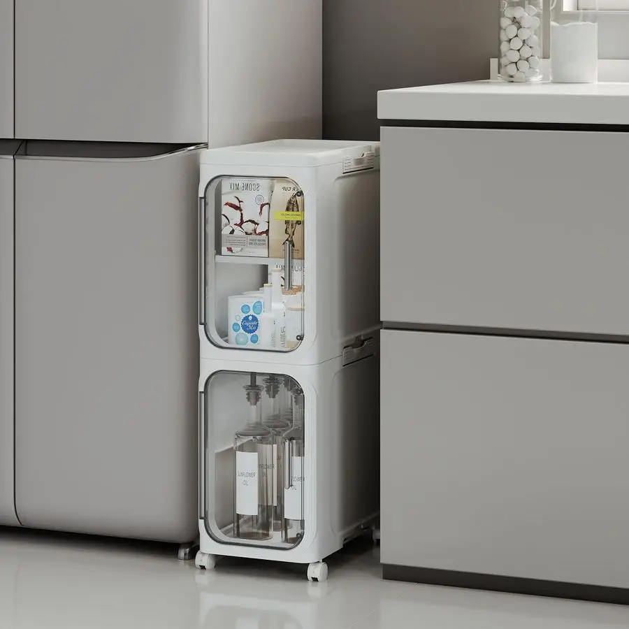 

2Tier Tall Narrow Storage Cabinet, Slim Bathroom Storage Cabinet with Adjustable Shelves and Wheels, Narrow Organizer for Small