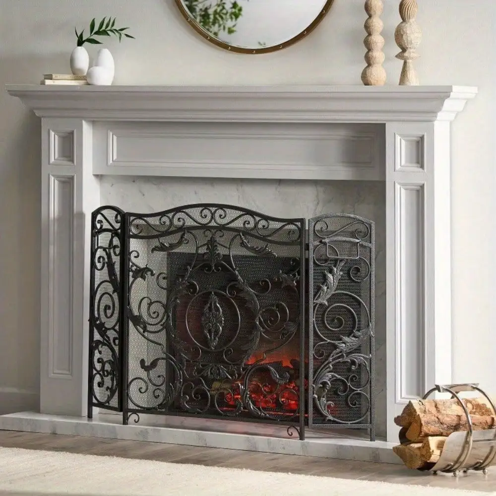 

Traditional Iron Fireplace Screen, Silver on Black
