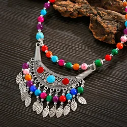 Boho Ethnic Tassel Necklace For Women Vintage Multicolor Natural Stone Beads Alloy Carving Gaskets Leaf Tassels Long Chain