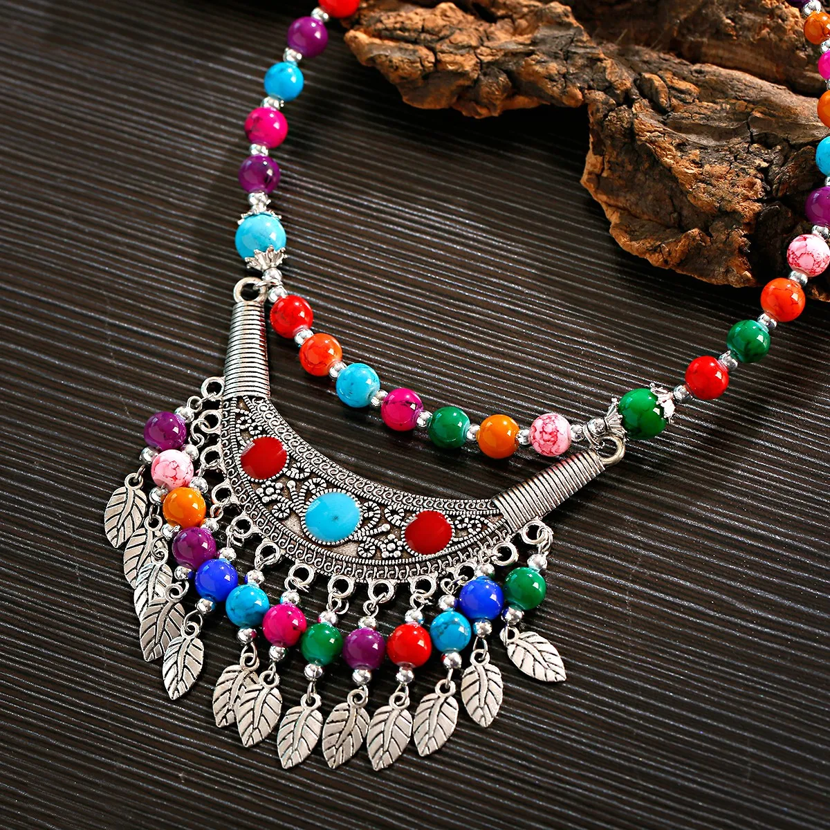 Etniczne Boho Tassel naszyjnik dla kobiet w stylu Vintage Multicolor koraliki z kamienia naturalnego Alloy Carving uszczelki liść frędzle długi łańcuch