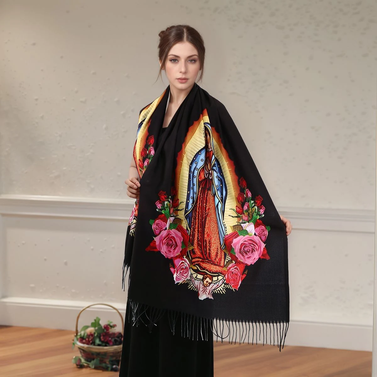 Bufanda con estampado personalizado de la Virgen María de Guadalupe para hombre y mujer, bufandas cálidas para invierno y otoño, chal de San católico de México, envoltura con borlas